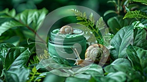 a snail moving towards a jar of snail mucin cream amid green leaves illustrates a skincare concept on a banner photo