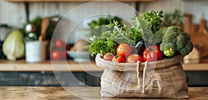 sustainable living organic veggies in reusable bag on kitchen table, promoting eco-friendly lifestyle reduce reuse photo