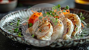 tastefully arranged gyoza dumplings on a chic plate, a modern and elegant presentation idea for a restaurant menu cover photo