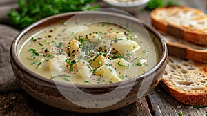 warm, comforting potato leek soup in a ceramic bowl served with crusty bread evokes a cozy meal atmosphere photo