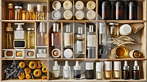 a well-arranged skincare kit featuring serums, creams, and masks, showcasing the beauty routine concept in a banner photo