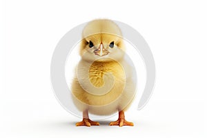 High quality image of innocent baby chick on white background, capturing purity and innocence