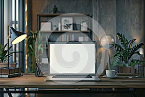 Modern Home Office Desk with Blank Laptop Screen
