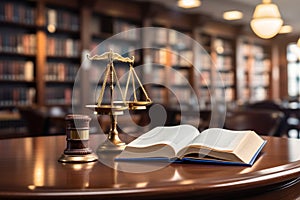 High-quality image of a serious judges gavel and legal book on wooden table in courtroom setting