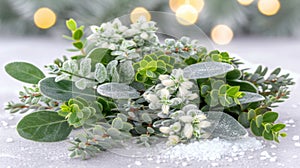 A bunch of green plants with snow on them
