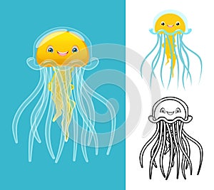 High Quality Jellyfish Cartoon Character Include Flat Design and Line Art Version
