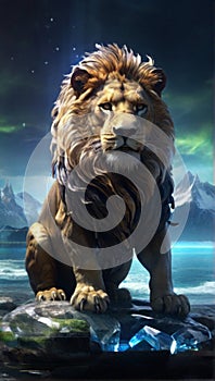 aurora scenery inside an lion head made of crystal photo