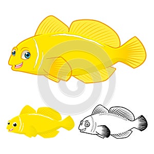 High Quality Lemon Goby Fish Cartoon Character include Flat Design and Line Art Version