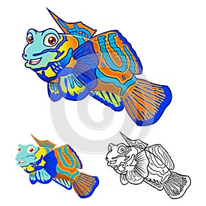 High Quality Mandarinfish Cartoon Character Include Flat Design and Line Art Version