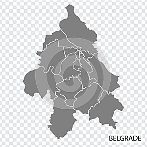 High Quality map of  Belgrade is a capital in Serbia, with borders of the regions. Map of Belgrade for your web site design, app,