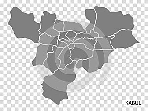 High Quality map of Kabul is a city  of Afghanistan, with borders of the regions. Map of Kabul for your web site design, app, UI.