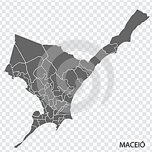 High Quality map of Maceio is a city Brazil, with borders of the districts. Map of Maceio