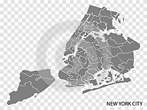 High Quality map of New York City is a city  USA, with borders of the regions. Map New York City for your web site design, app, UI