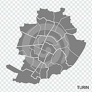High Quality map of Turin is a city in Italy, with borders of the regions.