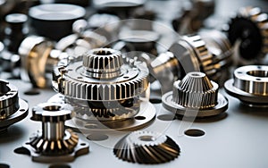 High-quality metal gear parts for machinery precision engineering displayed on a white surface in a clean, modern industrial