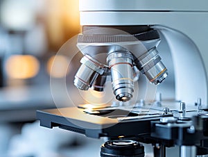 High quality microscope with multiple lenses in laboratory setting