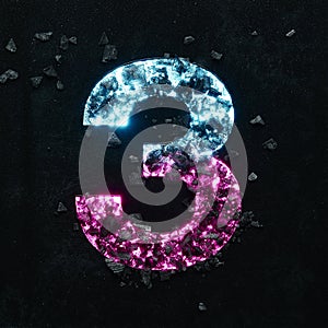 High quality photo of neon colored number on a black textured background.