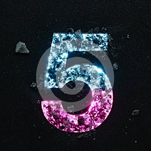 High quality photo of neon colored number on a black textured background.