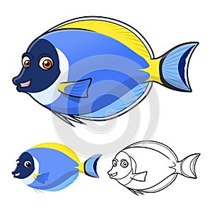 High Quality Powderblue Surgeonfish Cartoon Character Include Flat Design and Line Art Version