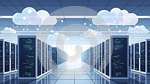 Modern Data Center Server Room with Cloud Computing Network Infrastructure