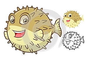 High Quality Puffer Fish Cartoon Character Include Flat Design and Line Art Version