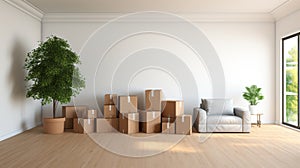 High-quality Realistic Photography Of Empty Living Room With Moving Boxes