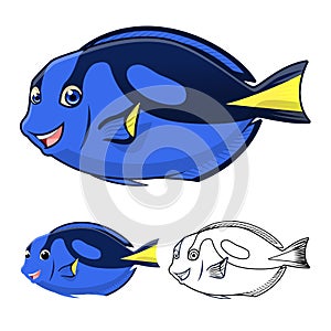 High Quality Regal Blue Tang Cartoon Character Include Flat Design and Line Art Version