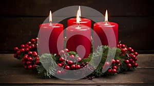 high quality stockphoto, Advent wreath with 4 burning red candles at the end of Advent.