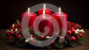 high quality stockphoto, Advent wreath with 4 burning red candles at the end of Advent.