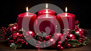 high quality stockphoto, Advent wreath with 4 burning red candles at the end of Advent.