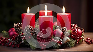 high quality stockphoto, Advent wreath with 4 burning red candles at the end of Advent.