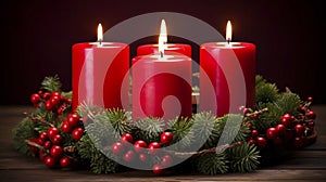 high quality stockphoto, Advent wreath with 4 burning red candles at the end of Advent