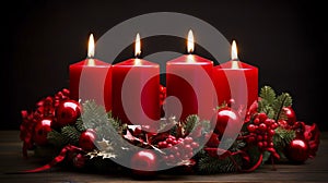 high quality stockphoto, Advent wreath with 4 burning red candles at the end of Advent.