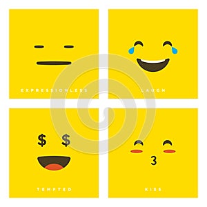 High quality vector cartoon set with laugh, expressionless, tempted and kiss emoticons with Flat Design Style, social media