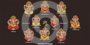 Ashtavinayak, Eight Forms of Lord Ganesha Vector Illustration photo