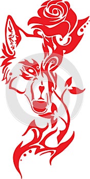 High quality vector silhouette combined with wolf and red flower