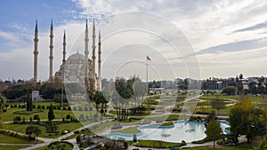 High-quality view of SabancÄ± Merkez Mosque, one of the largest mosques in the Middle East with a drone camera. Located
