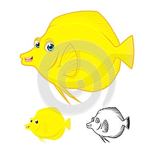 High Quality Yellow Tang Fish Cartoon Character Include Flat Design and Line Art Version