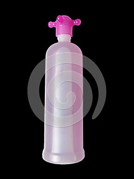 High Realistic Pink Bottle in Isolated Black Background Captured on Flat Lay Angle.