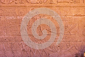 High Res ancient red limestone Egyptian relief with detailed figures and two Khufu boats and hieroglyph