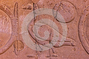 High Res ancient red limestone Egyptian relief with figures and a duck photo
