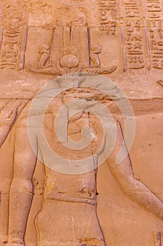 High Res ancient red limestone Egyptian relief with god Sobek and detailed hieroglyph from Egypt