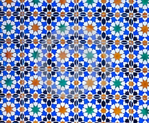 high res close up of historical vibrant colorful shining arabesque tiled wall in Cairo