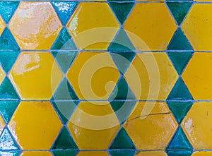 high res close up of historical vibrant colorful shining arabesque tiled wall from Egypt photo