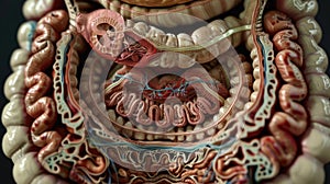 High-res image details intestine parts like duodenum, jejunum, ileum, labeled for textbooks photo