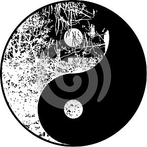 High res vector, Yin yang moonlight tree in black and white illustration in silhouette