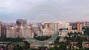 High residential buildings with apartments in Kiev. Drone Panorama Shot at dawn.