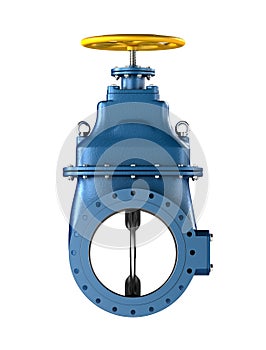 High resolution 3D Industrial blue pipeline valve with on white background