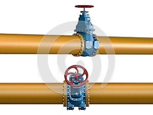 High resolution 3D yellow Industrial pipeline with blue valves on white background