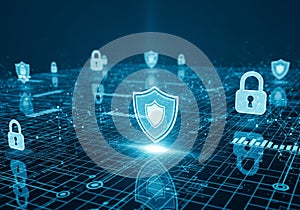 Cybersecurity shield protecting digital data network infrastructure and future technology grid